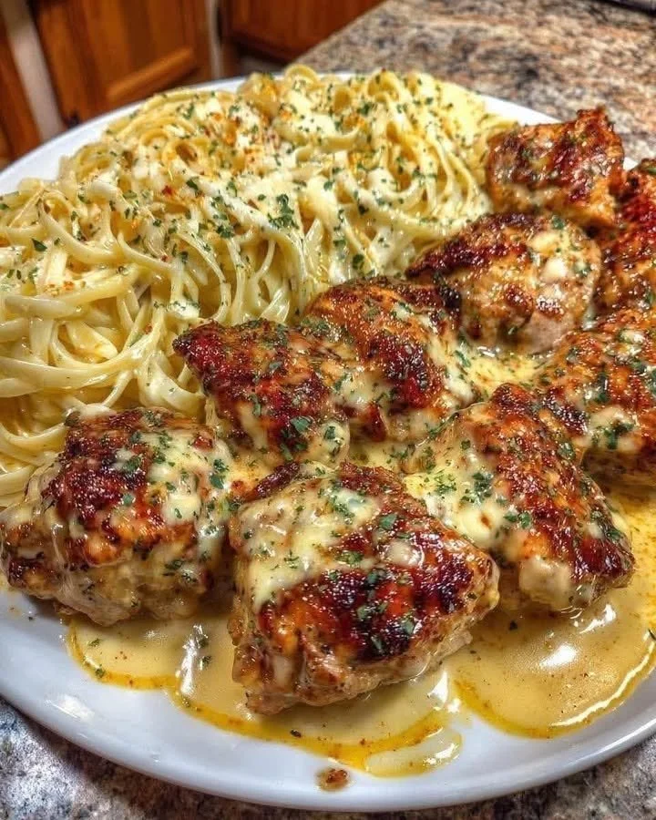 Creamy garlic butter chicken served with linguine in Alfredo sauce
