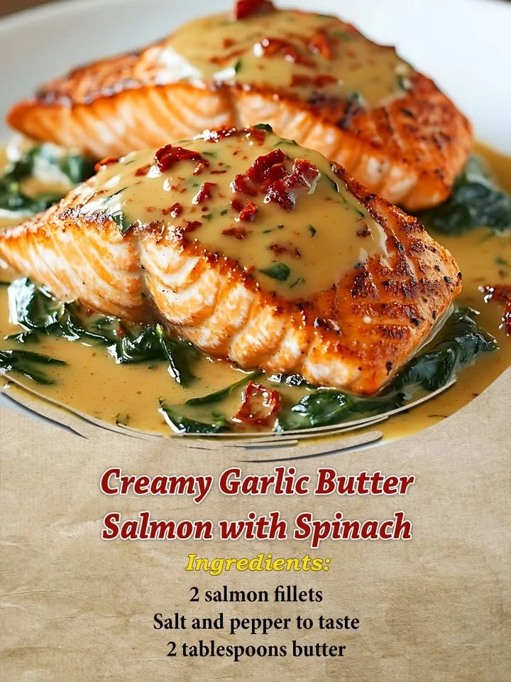 Creamy garlic butter salmon with spinach on a plate, garnished with herbs.