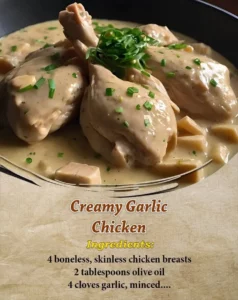 Creamy garlic chicken dish served on a plate with herbs