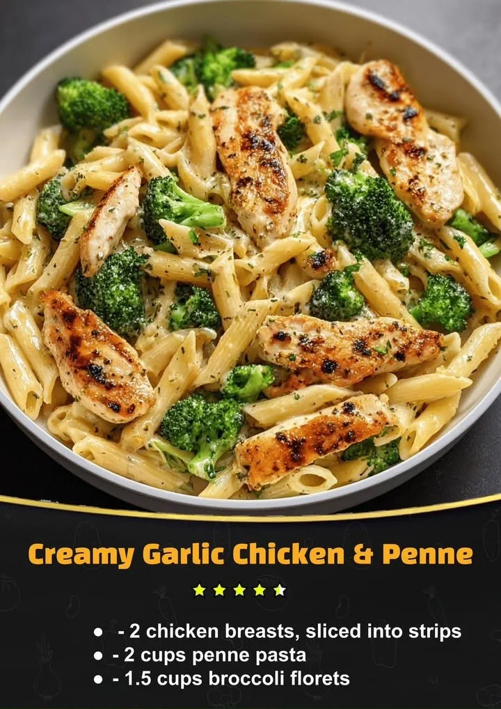 Plate of creamy garlic chicken and penne pasta garnished with herbs