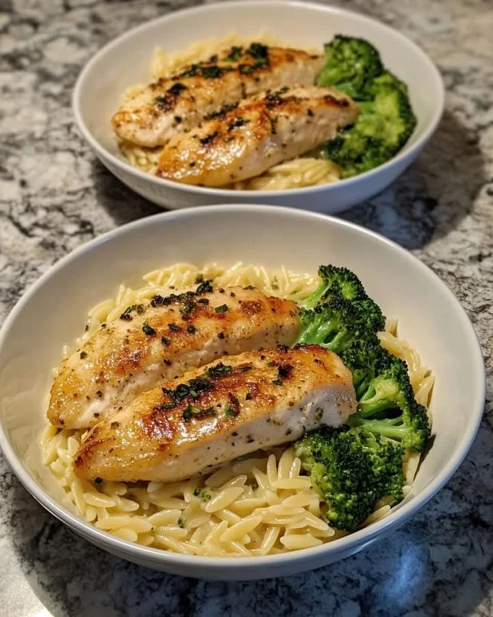 Delicious Creamy Garlic Chicken served with flavorful Broccoli Orzo