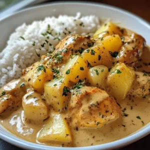 Creamy garlic chicken with roasted potatoes and rice in a serving dish.