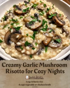 Creamy garlic mushroom risotto in a bowl, perfect for cozy nights