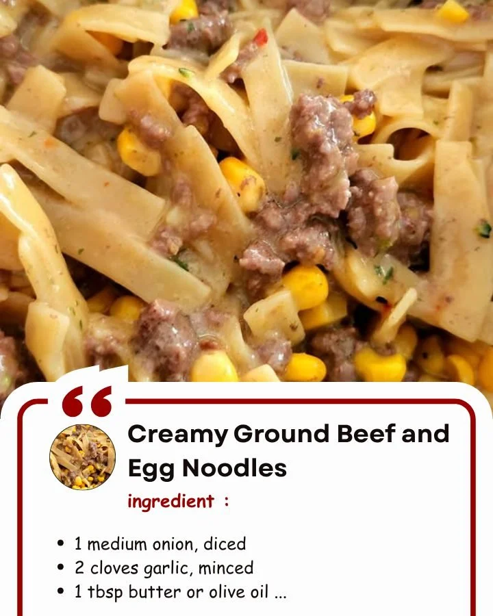 Creamy ground beef and egg noodles served in a bowl