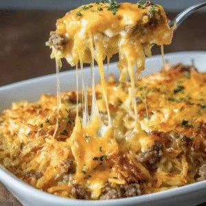 Creamy hamburger hash brown casserole topped with cheese and herbs