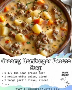 Bowl of creamy hamburger potato soup garnished with herbs and served warm.