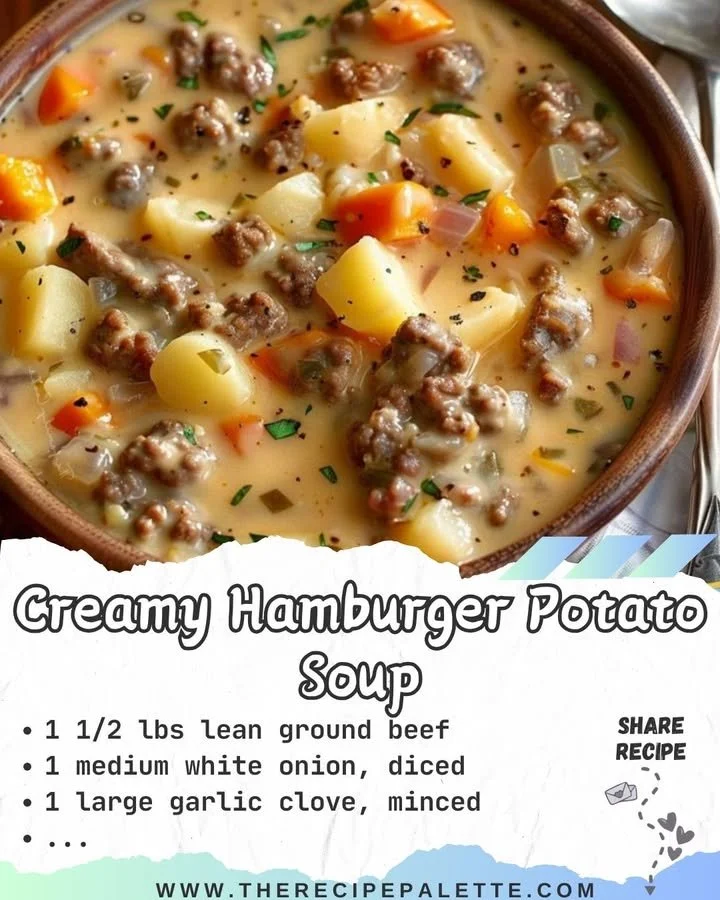 Bowl of creamy hamburger potato soup garnished with herbs and served warm.