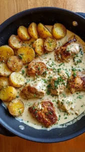 Creamy herb chicken dish with golden baby potatoes on a plate