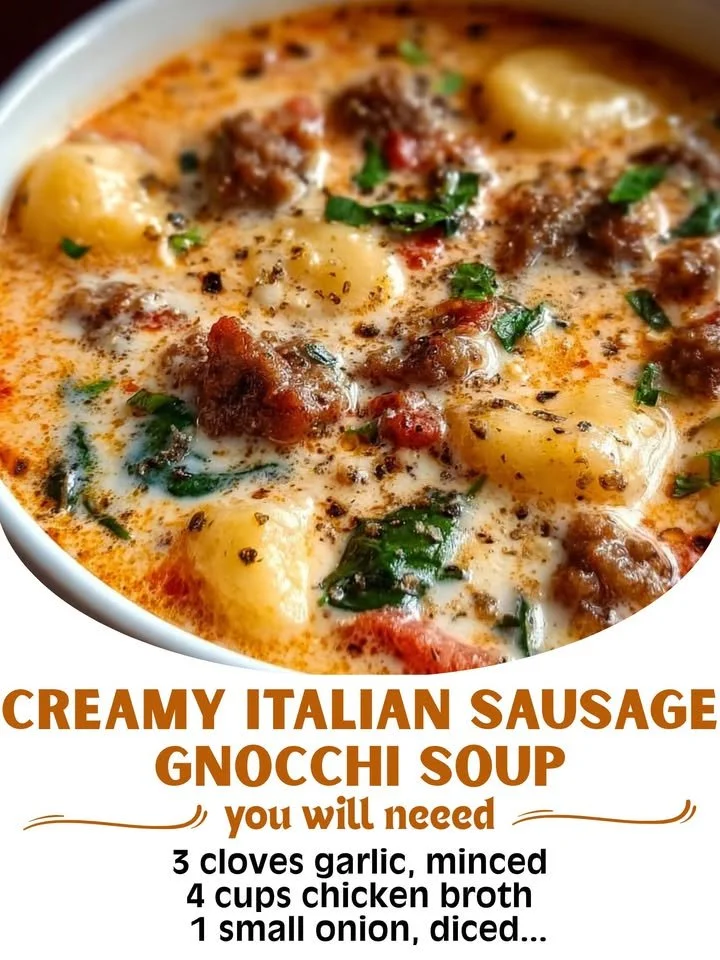 Creamy Italian sausage gnocchi soup in a bowl garnished with herbs