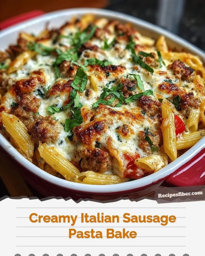 Creamy Italian sausage pasta bake dish served in a casserole dish
