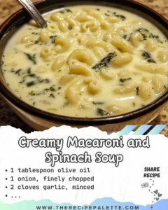 Creamy macaroni and spinach soup in a steaming bowl, garnished with fresh herbs.