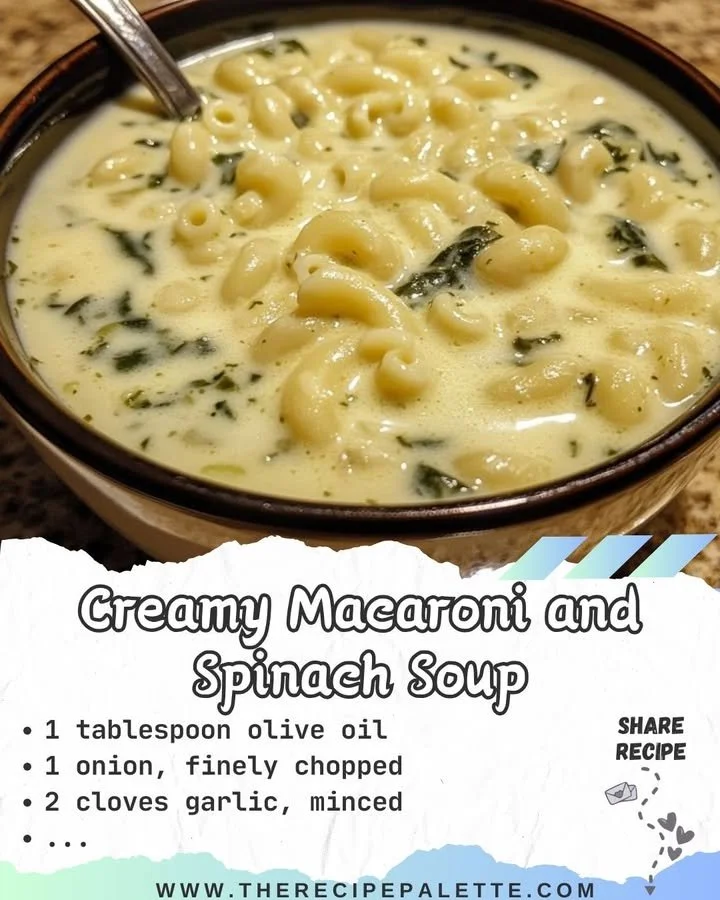 Creamy macaroni and spinach soup in a steaming bowl, garnished with fresh herbs.