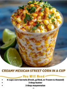 Creamy Mexican street corn cup served in a bowl with toppings