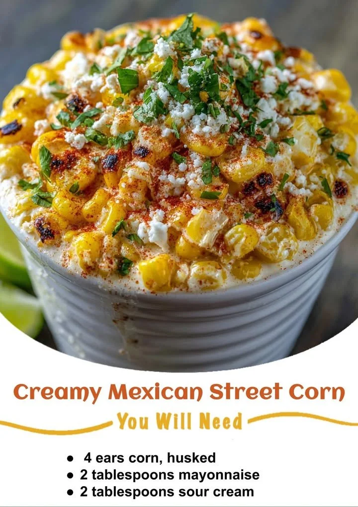 Delicious creamy Mexican street corn (Elote) garnished with cheese and spices.