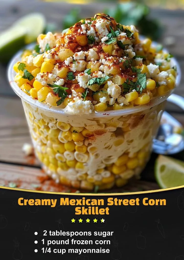 Delicious creamy Mexican street corn skillet garnished with lime and cilantro