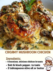 Creamy mushroom chicken served in a skillet with fresh herbs and spices.
