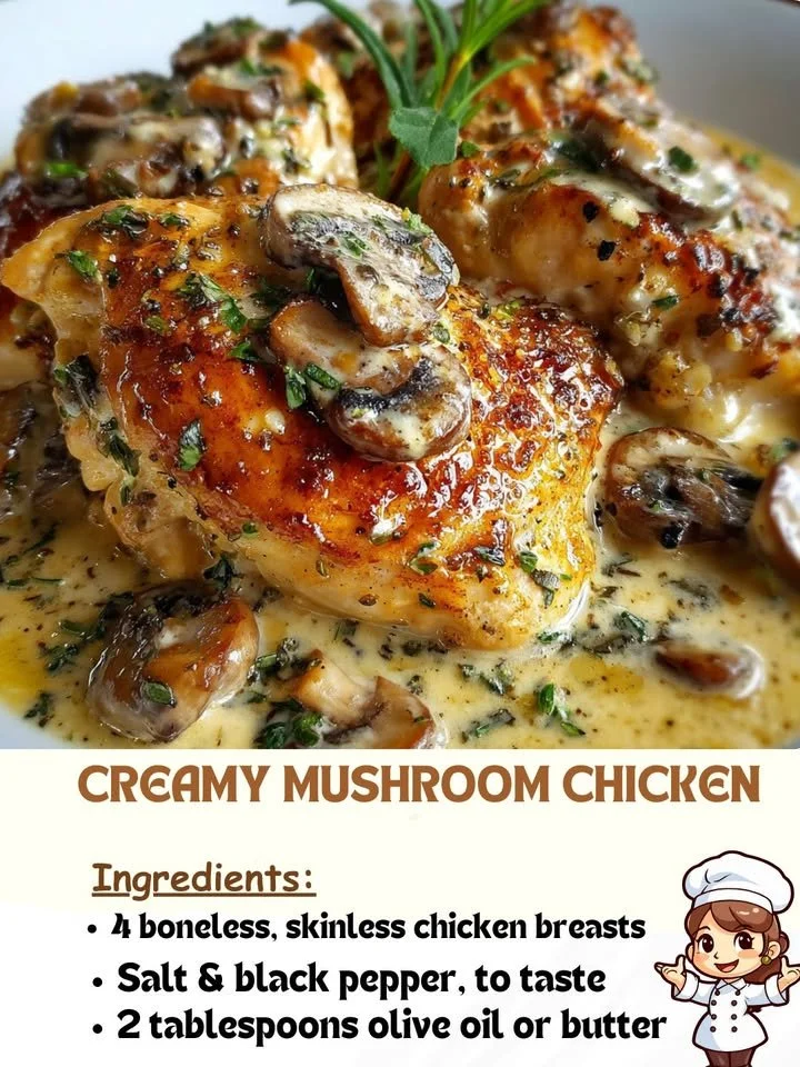 Creamy mushroom chicken served in a skillet with fresh herbs and spices.