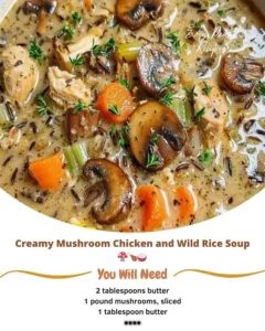 Delicious creamy mushroom chicken soup with wild rice and fresh herbs