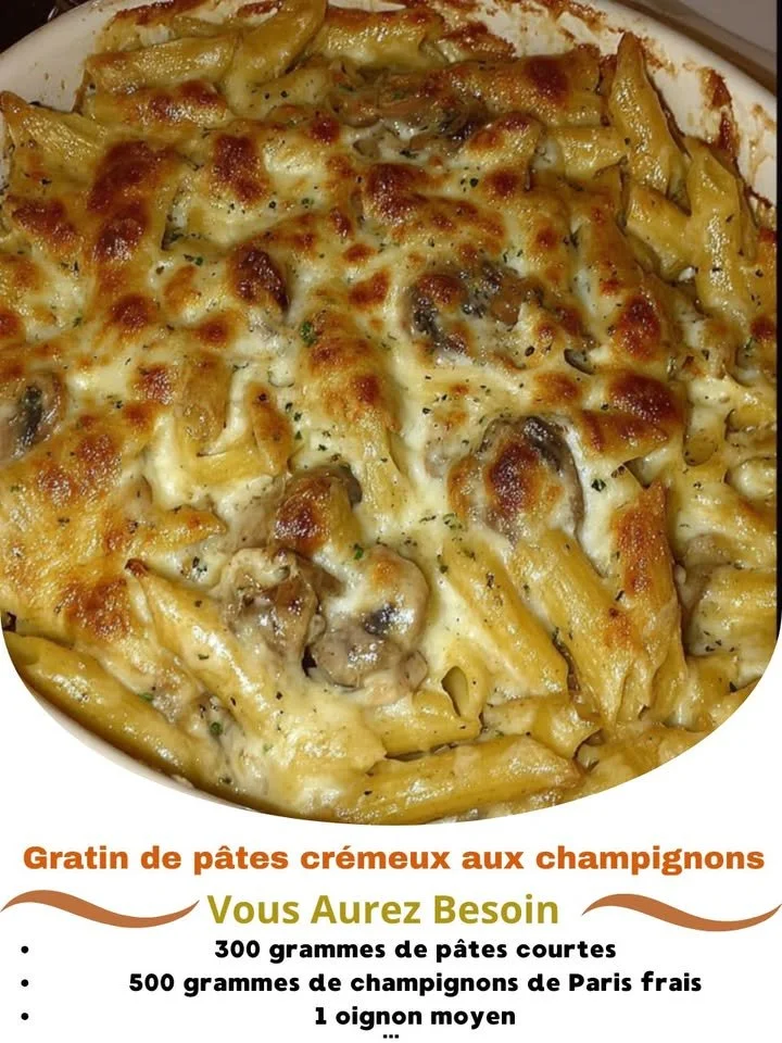 Creamy mushroom pasta gratin topped with melted cheese