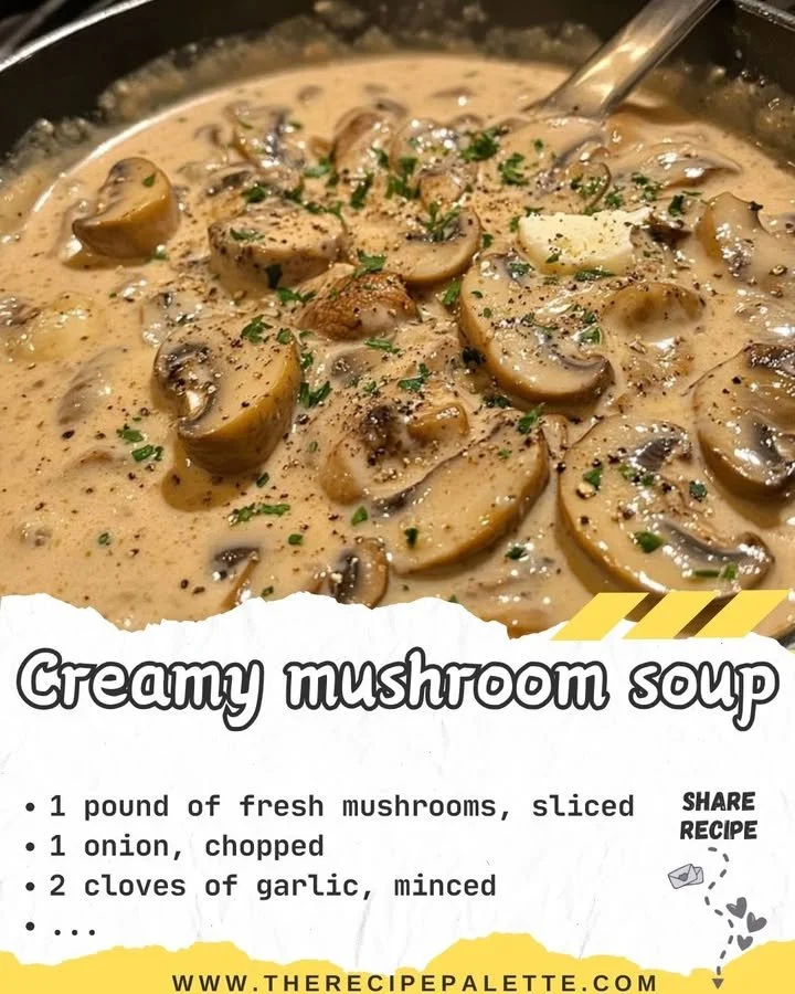 Bowl of creamy mushroom soup garnished with herbs on a wooden table