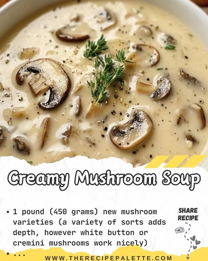 Bowl of creamy mushroom soup garnished with fresh herbs
