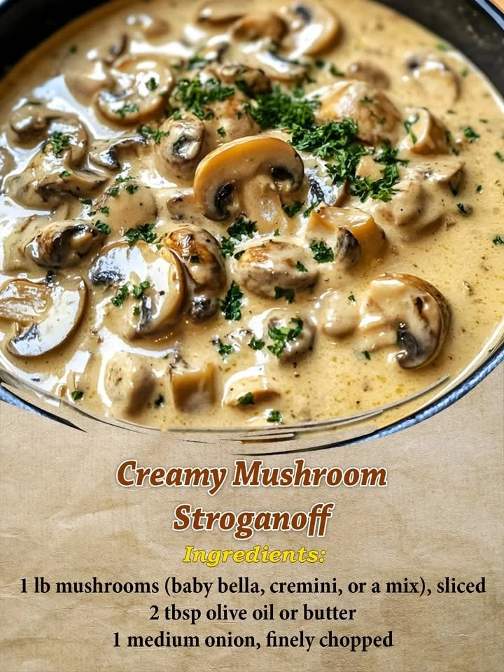 Creamy mushroom stroganoff served in a bowl, showcasing hearty mushrooms and sauce.