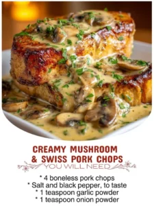 Creamy mushroom and Swiss pork chops plated with herbs