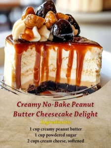 Slice of creamy no-bake peanut butter cheesecake on a plate