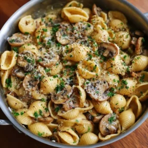 Creamy one-pot mushroom garlic pasta dish garnished with fresh herbs
