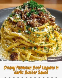 Creamy Parmesan beef linguine in garlic butter sauce topped with herbs