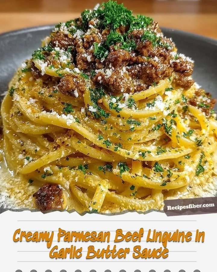 Creamy Parmesan Beef Linguine with Garlic Butter Sauce served in a bowl