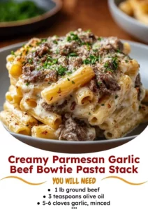 Creamy Parmesan Garlic Beef Bowtie Pasta served in a bowl