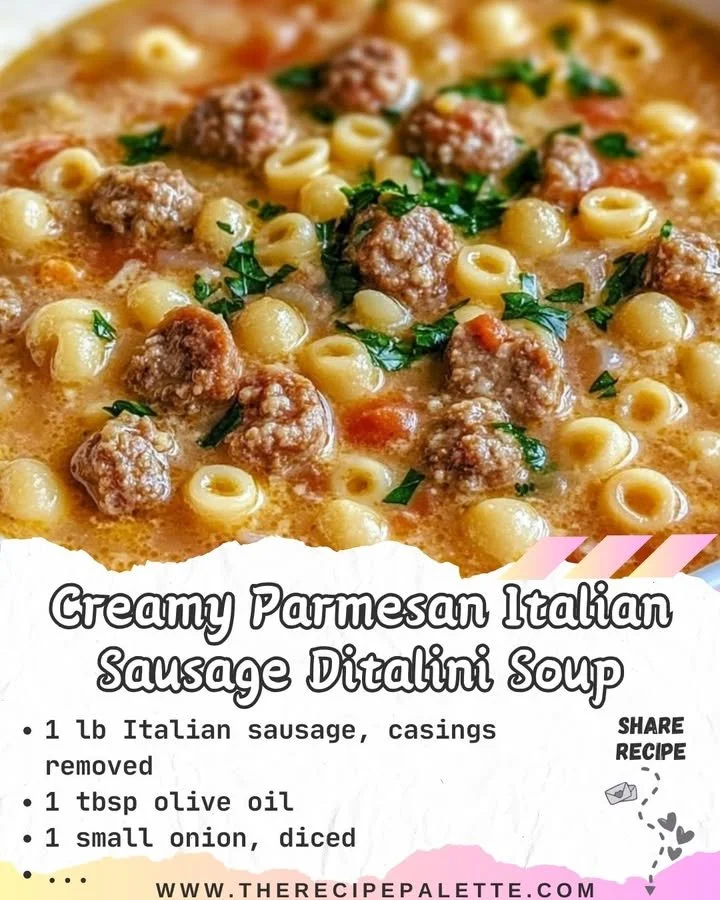 Creamy Parmesan sausage soup with ditalini pasta in a bowl
