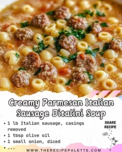 Creamy Parmesan Italian sausage ditalini soup in a bowl garnished with parsley
