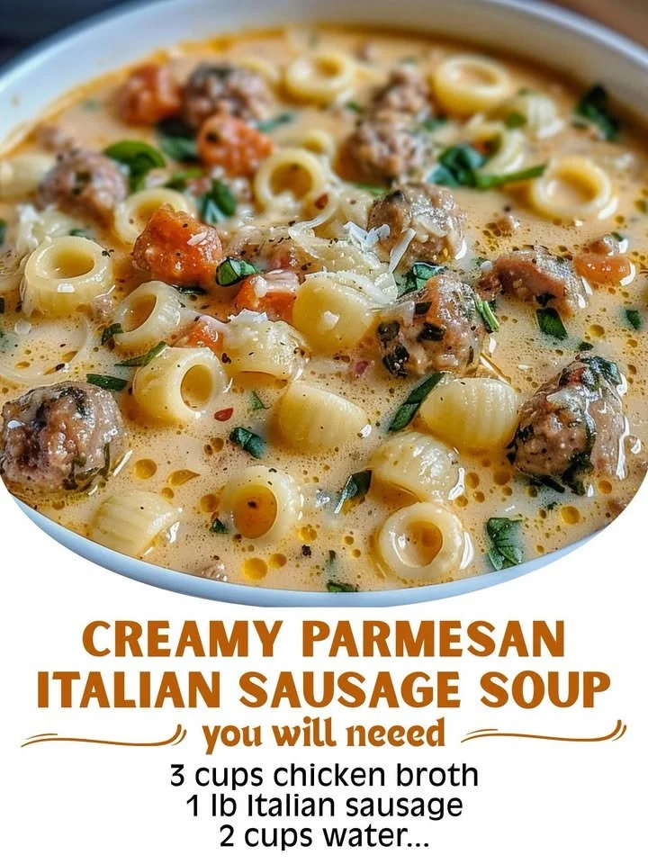 Bowl of creamy Parmesan Italian sausage ditalini soup topped with parsley.