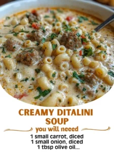 Bowl of creamy Parmesan Italian-style Sausage Ditalini Soup with herbs