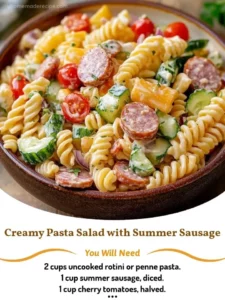 Creamy pasta salad featuring summer sausage and fresh vegetables