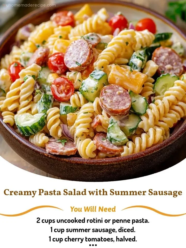 Creamy pasta salad featuring summer sausage and fresh vegetables