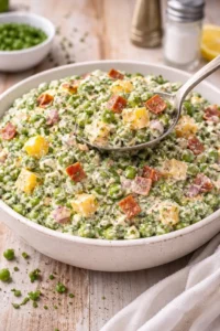 Bowl of creamy pea salad with fresh vegetables and dressing