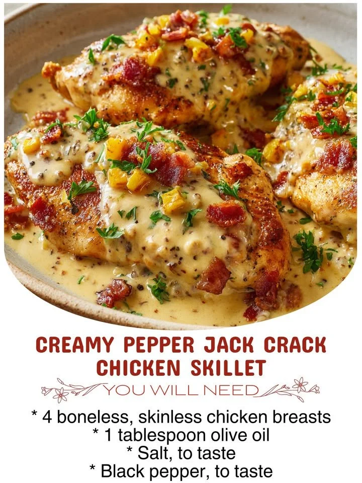Creamy Pepper Jack Crack Chicken Skillet served in a pan with herbs