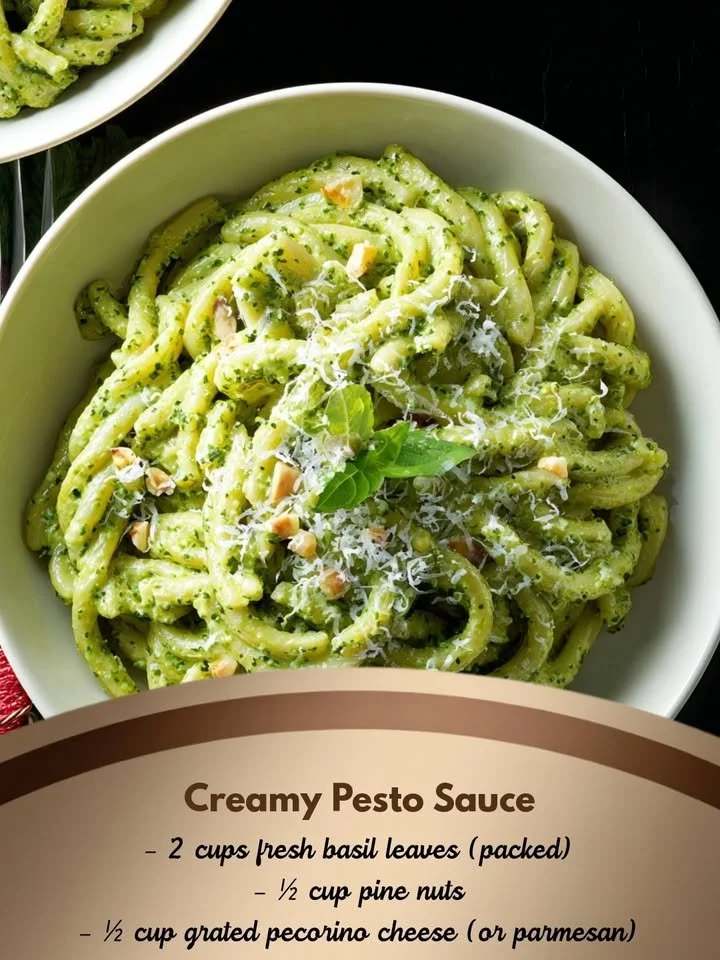 A bowl of creamy pesto sauce with fresh basil and pine nuts
