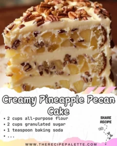 Slice of creamy pineapple pecan cake topped with pecans and pineapple