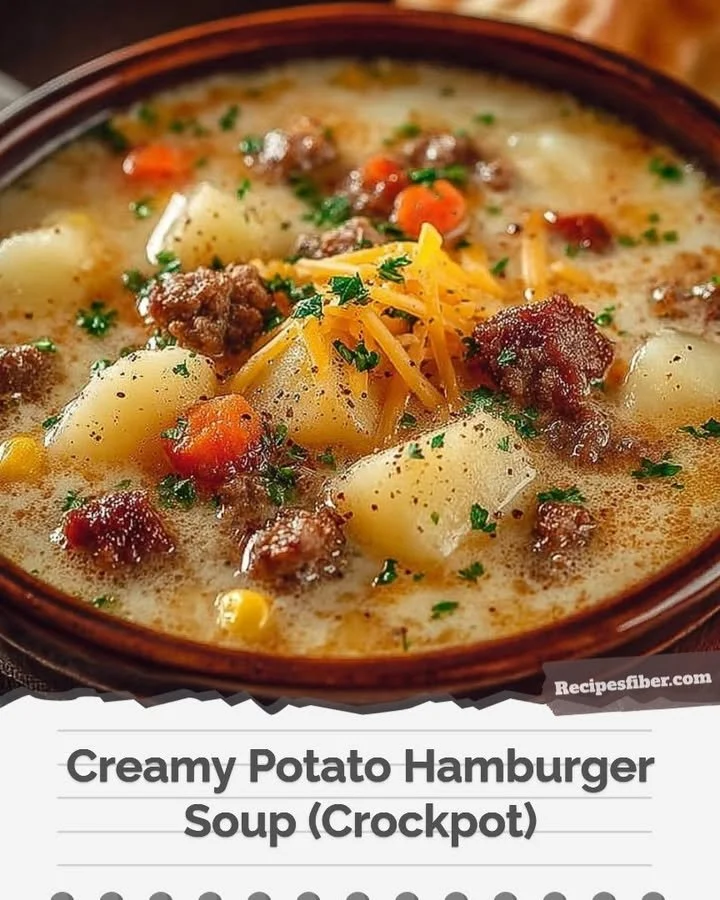 Bowl of creamy potato hamburger soup made in a crockpot
