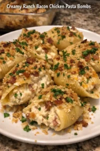 Creamy ranch bacon chicken pasta bombs in a serving dish