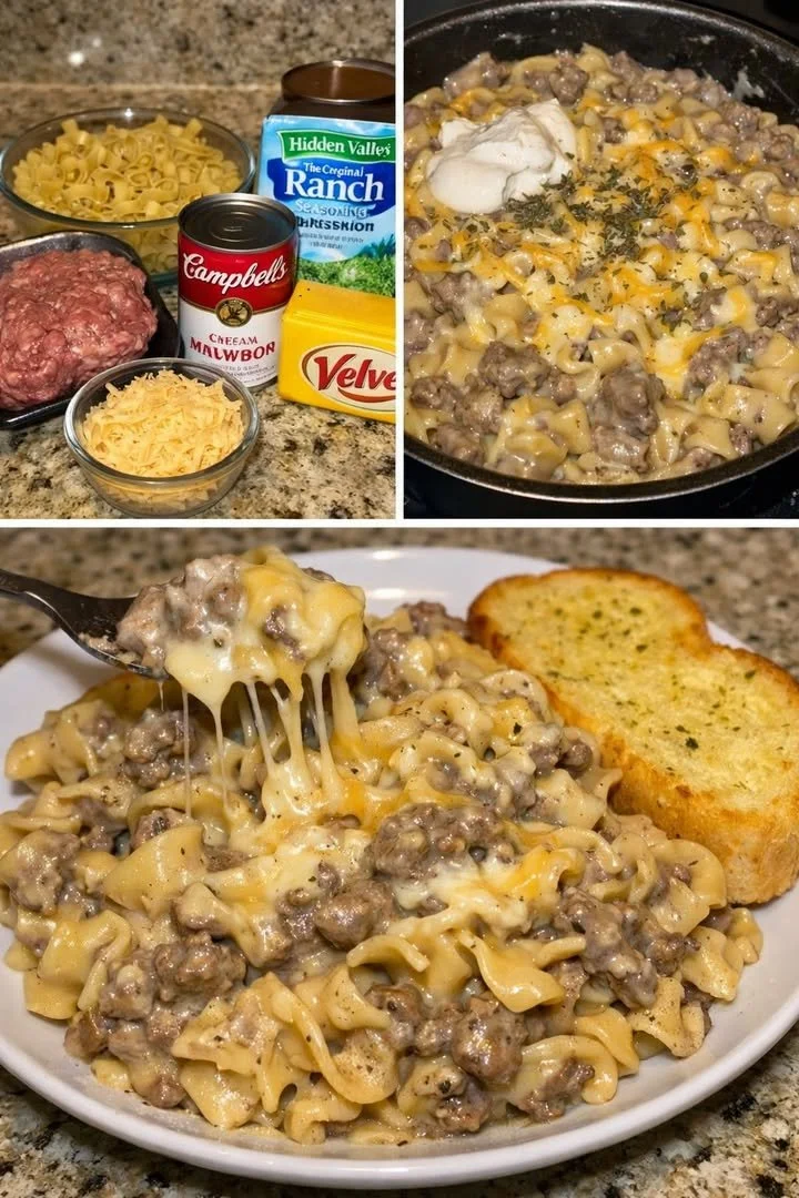 Creamy Ranch Beef and Noodle Skillet Dinner served in a colorful dish