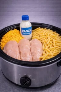 Creamy ranch chicken pasta in a bowl with fresh herbs and ingredients