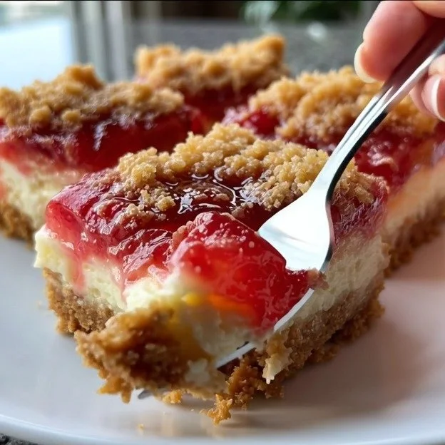 Delicious rhubarb cream cheese bars topped with a creamy layer.