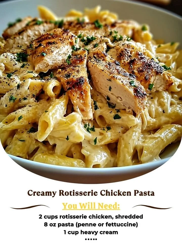 Creamy rotisserie chicken pasta dish topped with herbs and cheese