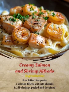 Creamy salmon and shrimp alfredo dish served in a bowl