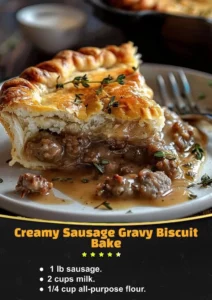 Creamy sausage gravy biscuit bake with flaky biscuits and savory sausage